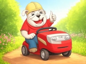 Digger, the cartoon bulldog mascot for The Rental Guys, operating a bright red lawn mower with a happy expression and giving a thumbs up, wearing his red shirt, blue jeans, and plain yellow hardhat, set against a vibrant spring backdrop with green grass, blooming flowers, and a clear blue sky
